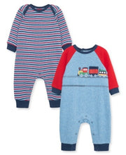 Load image into Gallery viewer, LIttle Me Train Stripe 2pk Coverall