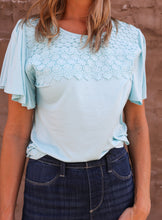 Load image into Gallery viewer, Short Sleeve Crochet Detail Crew Neck in Iced Aqua Blue
