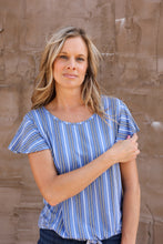 Load image into Gallery viewer, Short Sleeve Striped Top Tie Front in Denim Combo
