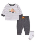 Children's outfit with striped shirt, pants, and socks on a plain background
