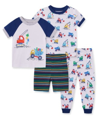 Set of children's pajamas with vehicle patterns on a white background
