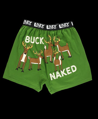 Green boxer briefs with a graphic print of reindeer and the text 'BUCK NAKED' on the waistband.