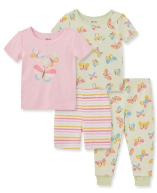Set of children's pajamas with butterfly and striped patterns on a white background