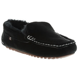 Black slip-on shoe with fur lining on a white background