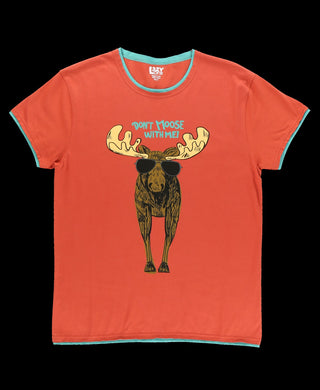 Orange t-shirt with a moose graphic and text on a black background