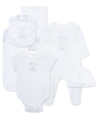 Set of three white baby rompers with bibs on a white background