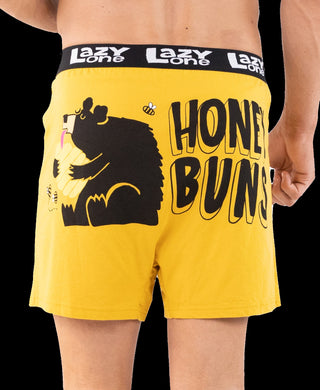 Yellow boxer briefs with bear graphic and 'Honey Buns' text on a black background