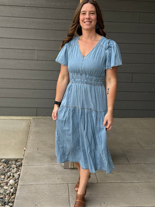 Adeline Smocked Waist Chambray Dress – Flutter Sleeve Denim Midi – Geyermans Clothing Co