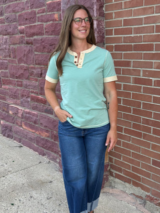 Aria Mint Ringer Henley – Ultra-Soft Contrast Trim Tee