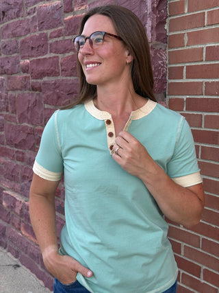 Aria Mint Ringer Henley – Ultra-Soft Contrast Trim Tee