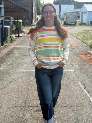 Rainbow Stripe Open Weave Knit Sweater with Polka Dot Sleeves