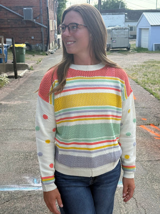 Rainbow Stripe Open Weave Knit Sweater with Polka Dot Sleeves