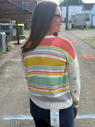 Rainbow Stripe Open Weave Knit Sweater with Polka Dot Sleeves