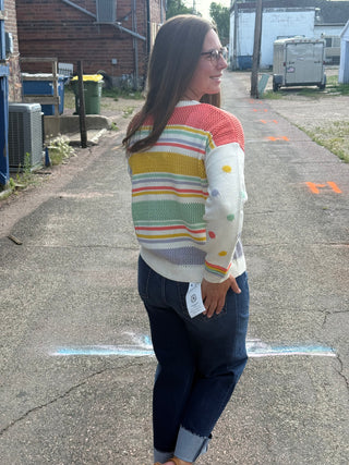 Rainbow Stripe Open Weave Knit Sweater with Polka Dot Sleeves