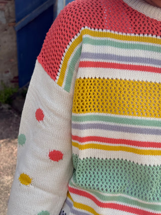 Rainbow Stripe Open Weave Knit Sweater with Polka Dot Sleeves