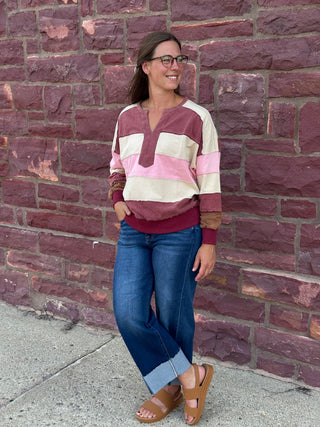 Mauve & Pink Colorblock Notch Neck Striped Sweatshirt