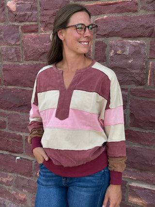 Mauve & Pink Colorblock Notch Neck Striped Sweatshirt