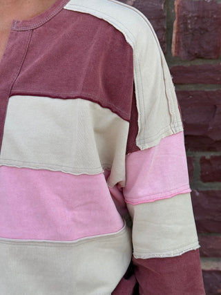Mauve & Pink Colorblock Notch Neck Striped Sweatshirt