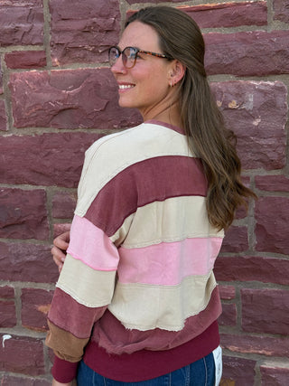 Mauve & Pink Colorblock Notch Neck Striped Sweatshirt