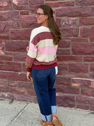 Mauve & Pink Colorblock Notch Neck Striped Sweatshirt
