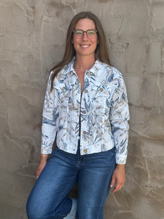 Bloom & Breeze: Cropped Floral Linen-Blend Stretch Jacket