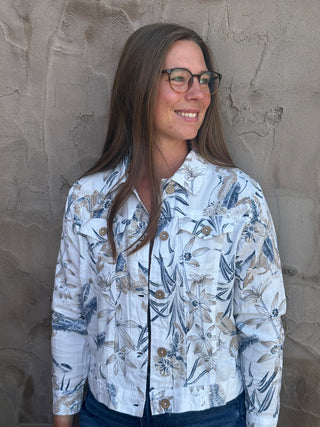 Bloom & Breeze: Cropped Floral Linen-Blend Stretch Jacket