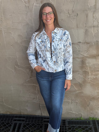 Bloom & Breeze: Cropped Floral Linen-Blend Stretch Jacket