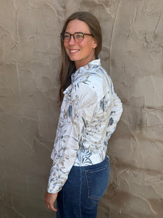 Bloom & Breeze: Cropped Floral Linen-Blend Stretch Jacket