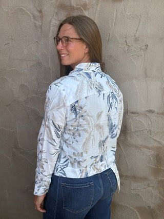 Bloom & Breeze: Cropped Floral Linen-Blend Stretch Jacket