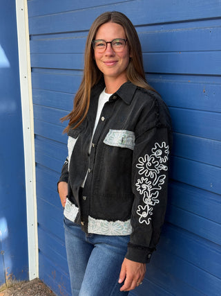 Luxe Floral Embroidered Black Denim Jacket – Oversized Statement Layer