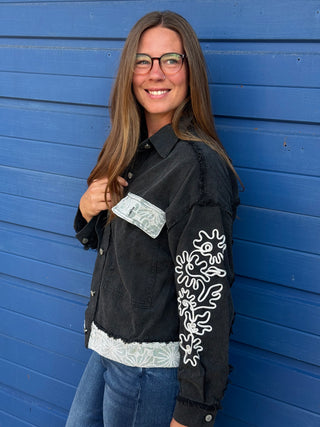 Luxe Floral Embroidered Black Denim Jacket – Oversized Statement Layer