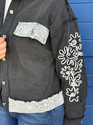 Luxe Floral Embroidered Black Denim Jacket – Oversized Statement Layer