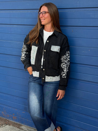 Luxe Floral Embroidered Black Denim Jacket – Oversized Statement Layer