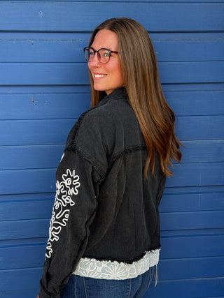 Luxe Floral Embroidered Black Denim Jacket – Oversized Statement Layer