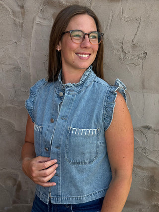 Eloise Ruffle Detail Relaxed Denim Vest