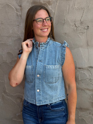 Eloise Ruffle Detail Relaxed Denim Vest