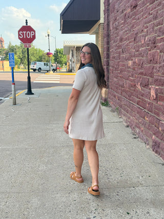 The Harper Ribbed T-Shirt Dress with Denim Contrast Trim