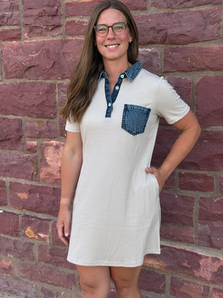 The Harper Ribbed T-Shirt Dress with Denim Contrast Trim