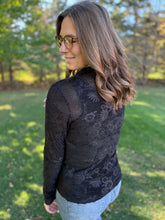 Load image into Gallery viewer, Woman wearing a black floral lace top outdoors on a sunny day
