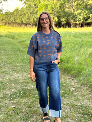 A woman wearing a slate blue short-sleeve knit sweater with a brown horse pattern, paired with wide-leg blue jeans and black sandals, standing outdoors in a grassy field.