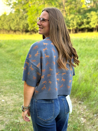 A woman wearing a slate blue knit sweater with an allover brown horse pattern, paired with blue jeans, standing outdoors in a grassy field.