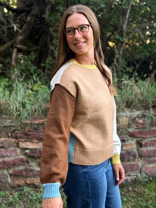 A woman wearing a color-block knit sweater with a tan body, brown sleeves, light blue side panels, and a yellow ribbed collar and cuffs, standing outdoors in front of a stone wall and greenery.