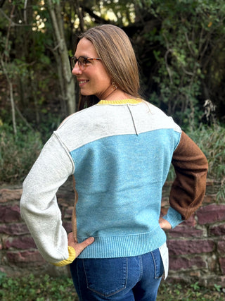 A woman wearing a color-block knit sweater with a light blue center, white upper yoke, brown sleeves, and yellow ribbed trim, photographed outdoors in front of trees and a stone wall.