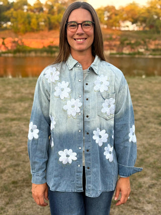 Wildflower Embroidered Ombre Denim Shacket