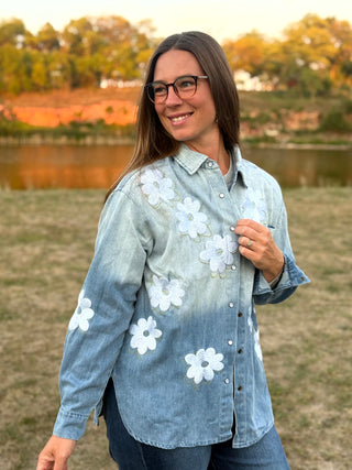 Wildflower Embroidered Ombre Denim Shacket