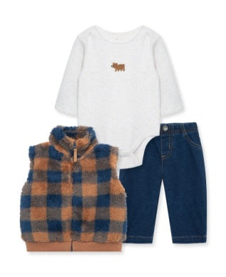 Children's clothing set with white long-sleeve shirt, plaid vest, and blue pants on a white background