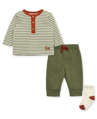 Children's outfit set with striped shirt, green pants, and white socks on a white background