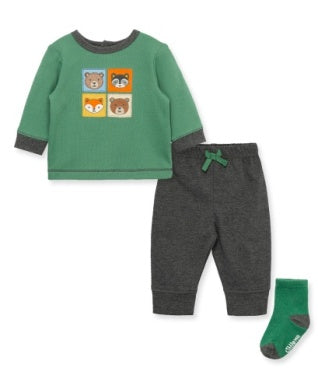 Children's green and gray outfit with bear graphics on a white background