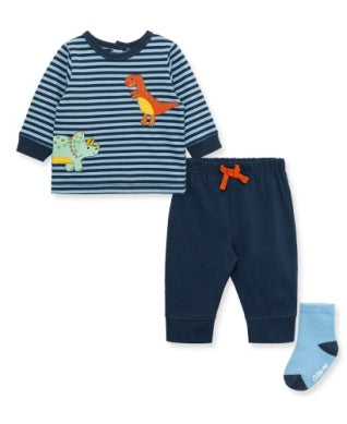 Children's outfit set with striped shirt, pants, and socks featuring dinosaur designs on a white background.