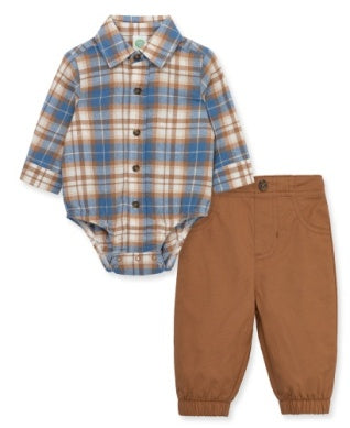 Baby outfit with plaid shirt and brown pants on a white background